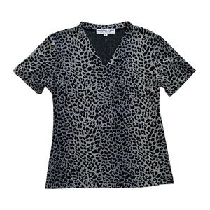 Vintage 90s Andrea Lieu Small Stretchy Black‎ Grey Cheetah V-Neck Top